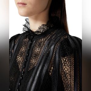 THE KOOPLES PARIS Lace Faux Leather Trim Blouse